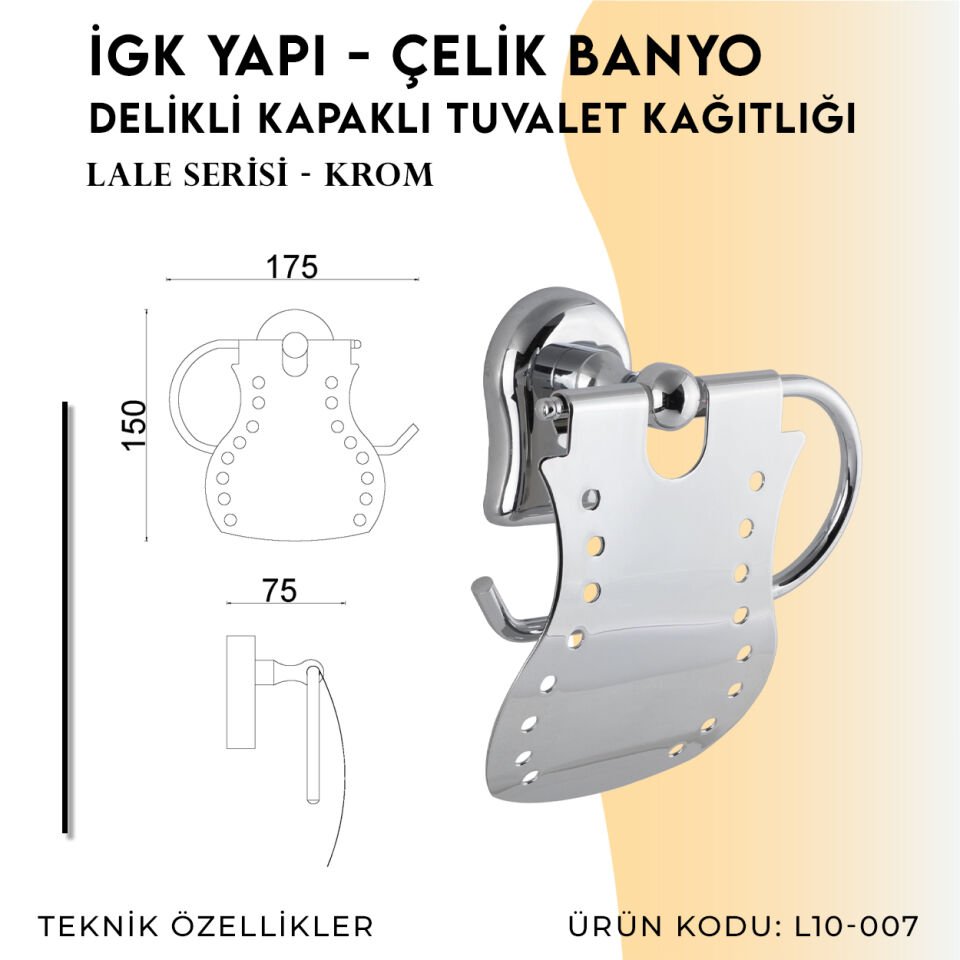 İGK YAPI - Çelik Banyo Lale Delikli Kapaklı Tuvalet Kâğıtlığı (L10-007)