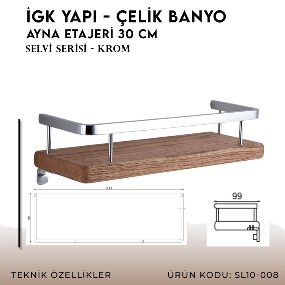 İGK YAPI - Çelik Banyo Selvi Ayna Etajeri 30 cm (SL10-008)