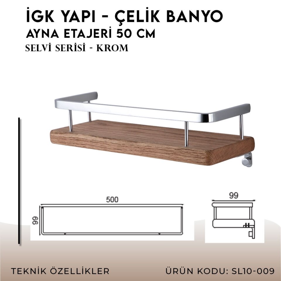 İGK YAPI - Çelik Banyo Selvi Ayna Etajeri 50 cm (SL10-009)
