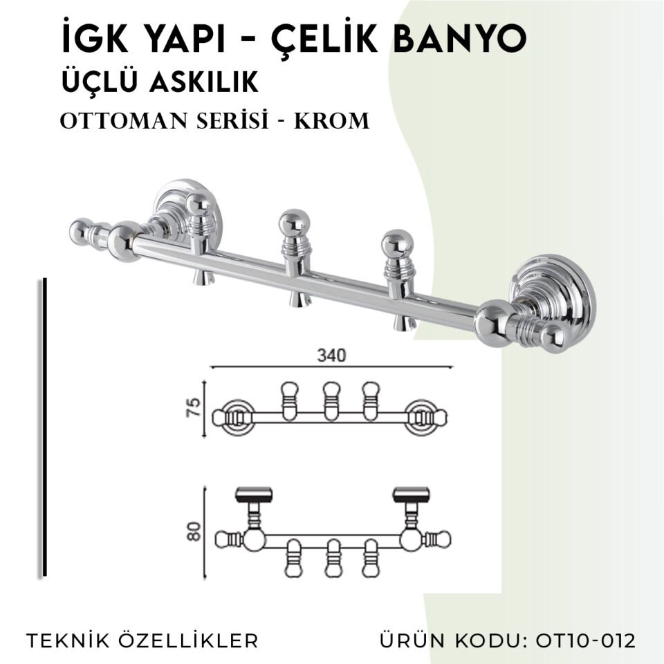 İGK YAPI - Çelik Banyo Ottoman Üçlü Askılık (OT10-012)