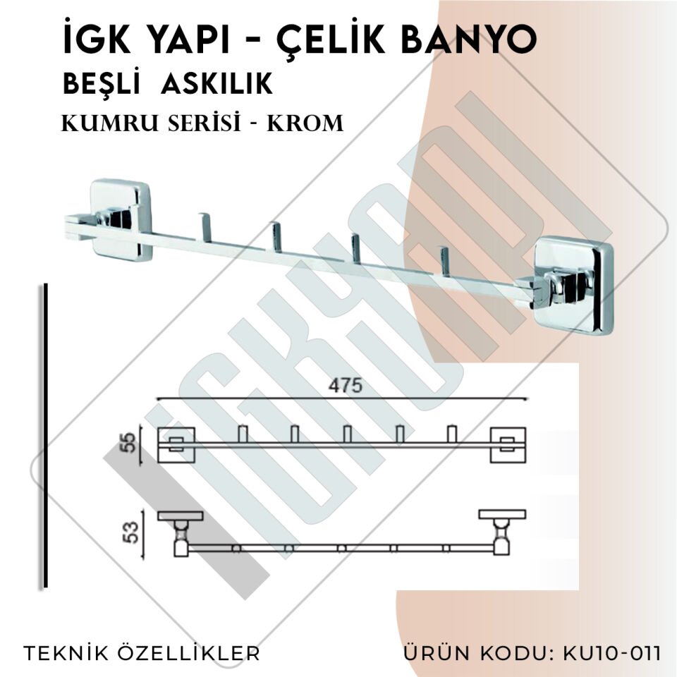İGK YAPI - Çelik Banyo Kumru Beşli Askılık (KU10-011)