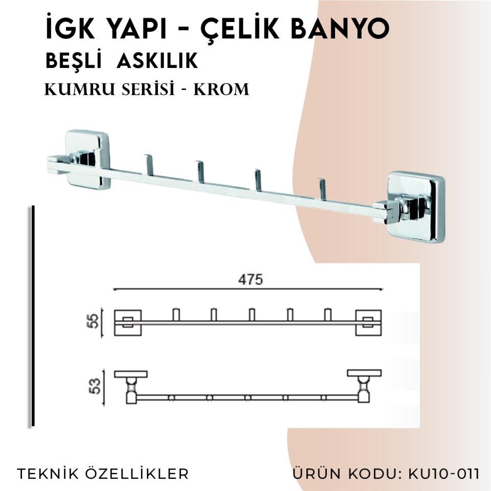 İGK YAPI - Çelik Banyo Kumru Beşli Askılık (KU10-011)