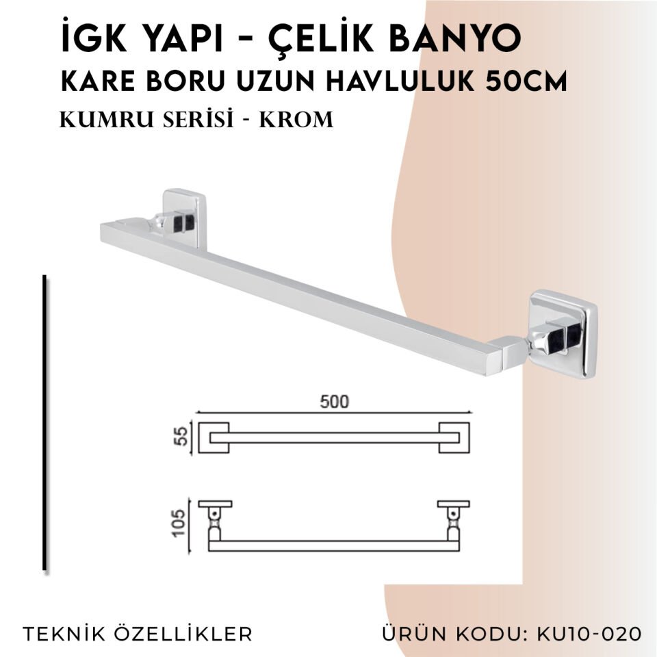 İGK YAPI - Çelik Banyo Kumru Kare Boru Uzun Havluluk 50cm (KU10-020)