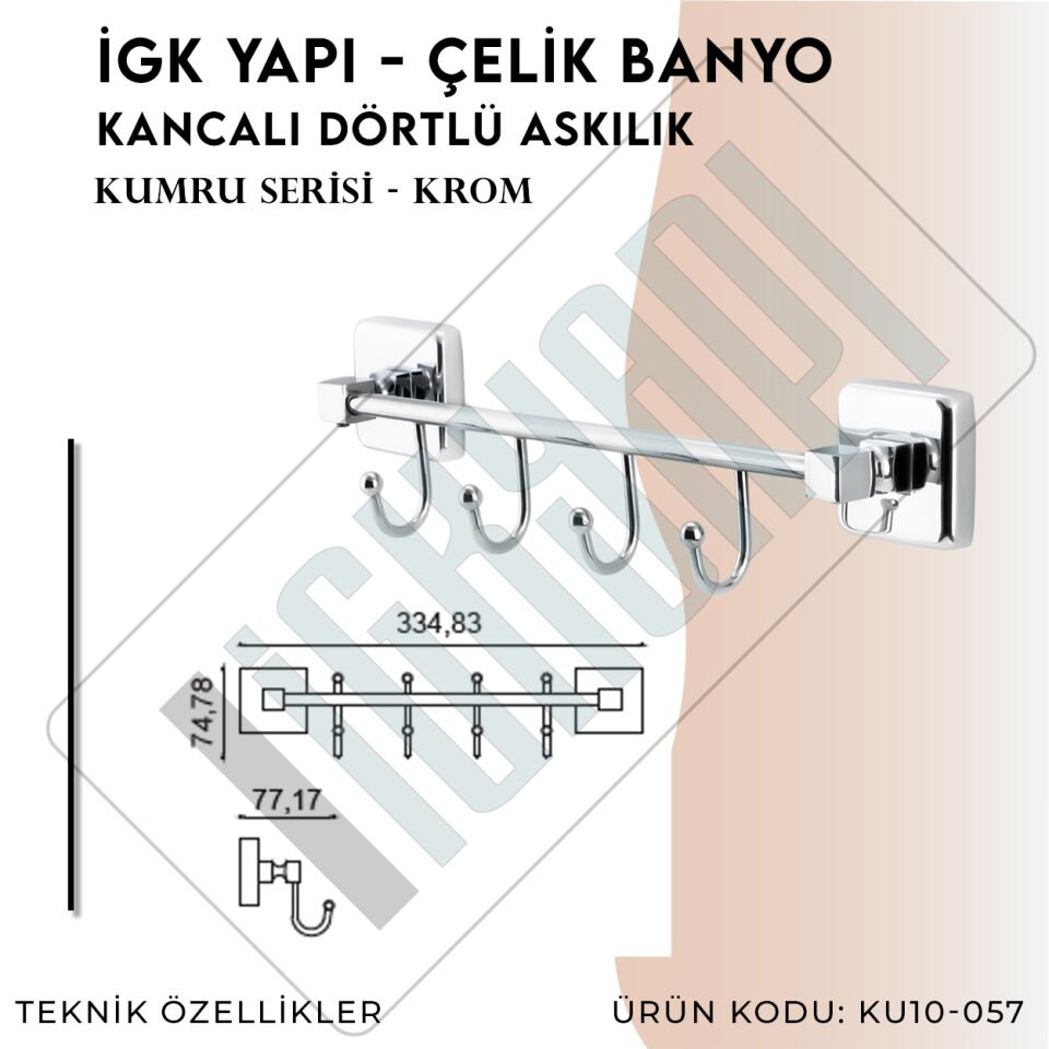 İGK YAPI - Çelik Banyo Kumru Kancalı Dörtlü Askılık (KU10-057)