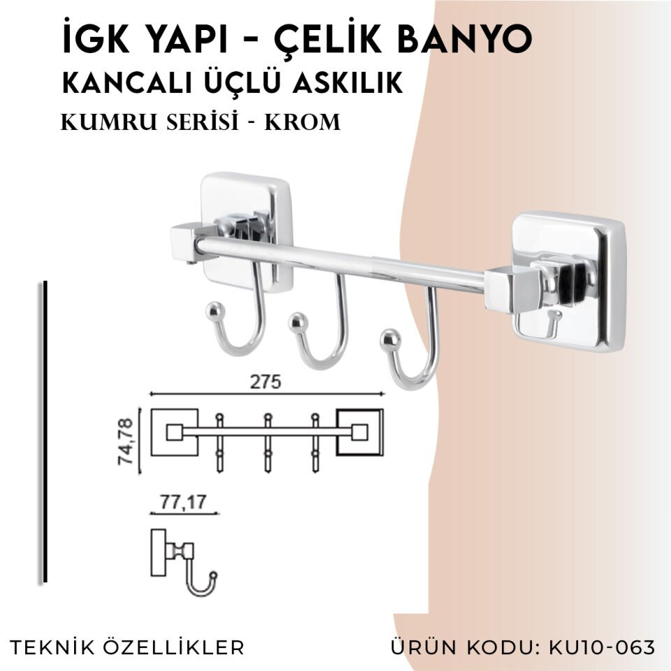 İGK YAPI - Çelik Banyo Kumru Kancalı Üçlü Askılık (KU10-063)