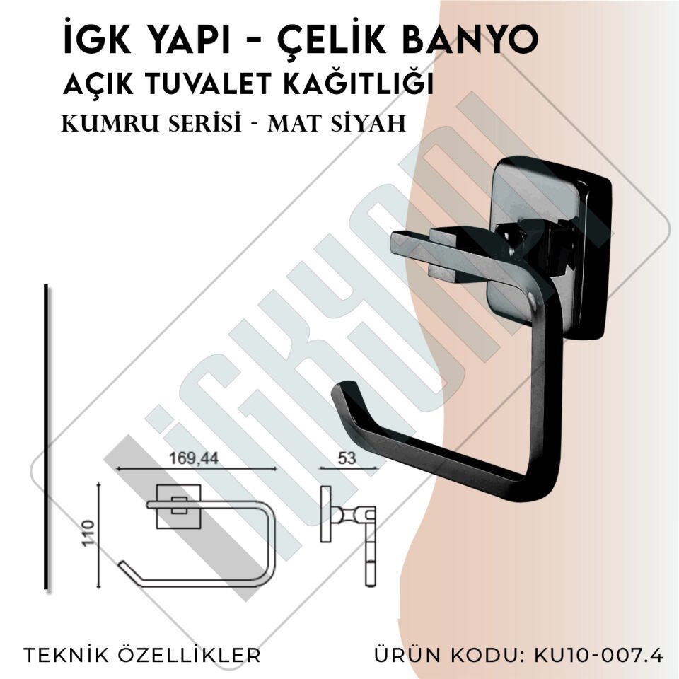 İGK YAPI - Çelik Banyo Kumru Mat Siyah Açık Tuvalet Kâğıtlığı (KU10-007.4)