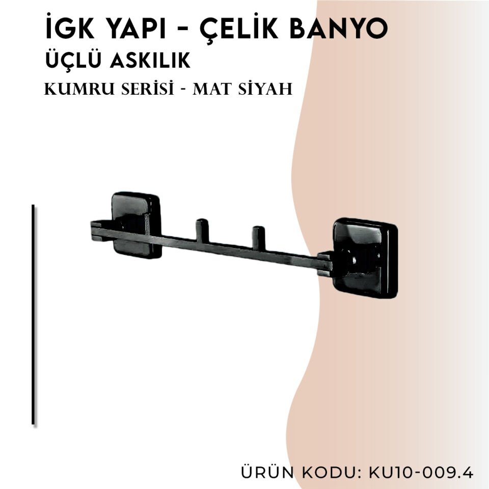 İGK YAPI - Çelik Banyo Kumru Mat Siyah Üçlü Askılık (KU10-009.4)