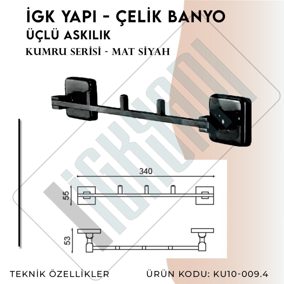 İGK YAPI - Çelik Banyo Kumru Mat Siyah Üçlü Askılık (KU10-009.4)