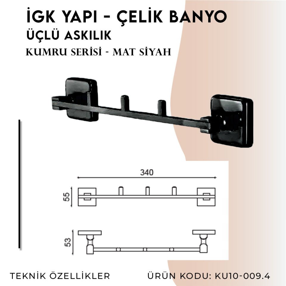 İGK YAPI - Çelik Banyo Kumru Mat Siyah Üçlü Askılık (KU10-009.4)
