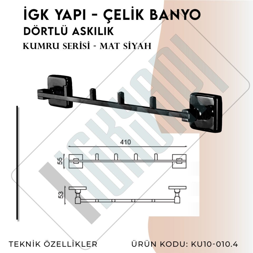 İGK YAPI - Çelik Banyo Kumru Mat Siyah Dörtlü Askılık (KU10-010.4)