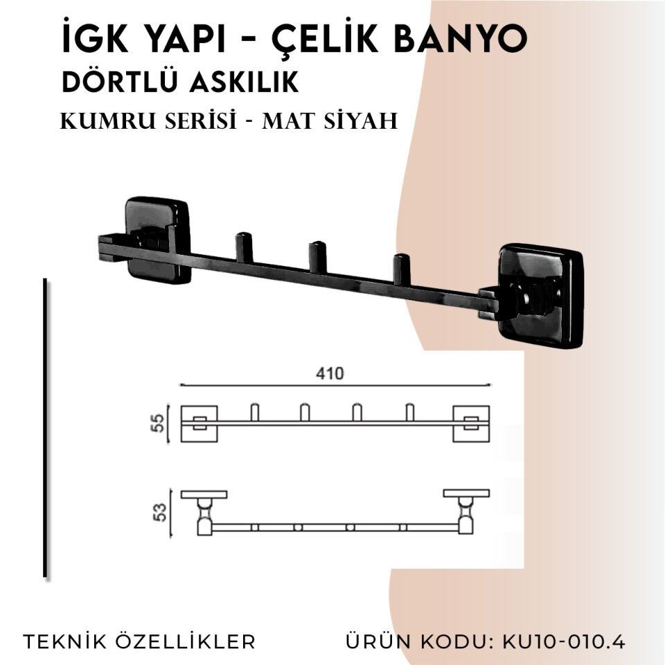 İGK YAPI - Çelik Banyo Kumru Mat Siyah Dörtlü Askılık (KU10-010.4)