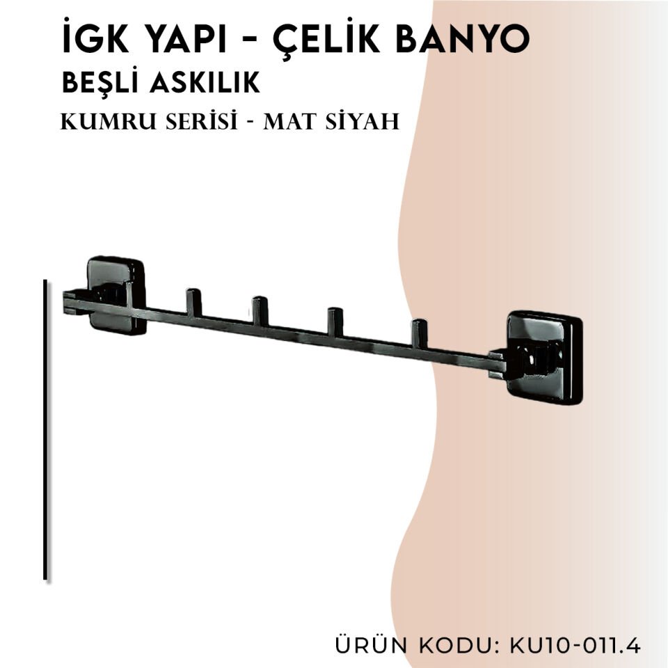 İGK YAPI - Çelik Banyo Kumru Mat Siyah Beşli Askılık (KU10-011.4)