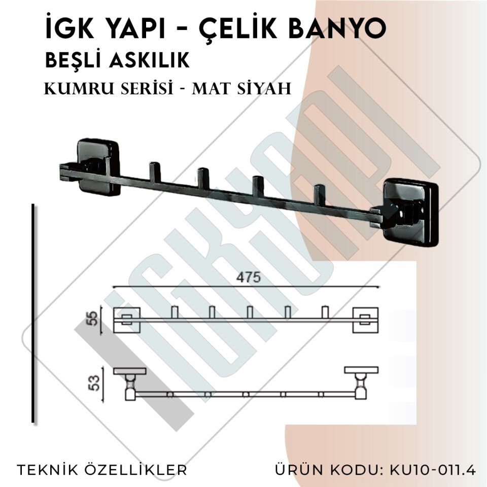 İGK YAPI - Çelik Banyo Kumru Mat Siyah Beşli Askılık (KU10-011.4)