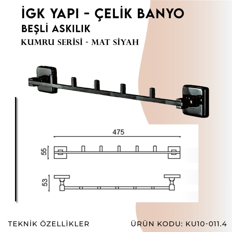 İGK YAPI - Çelik Banyo Kumru Mat Siyah Beşli Askılık (KU10-011.4)