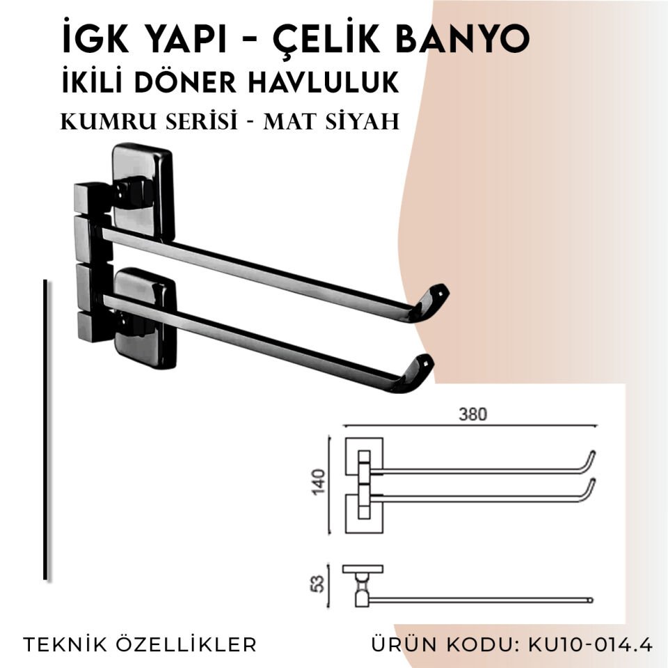 İGK YAPI - Çelik Banyo Kumru Mat Siyah İkili Döner Havluluk (KU10-014.4)