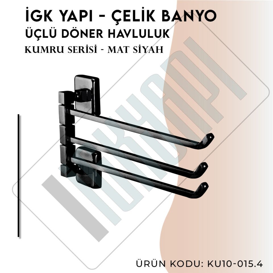 İGK YAPI - Çelik Banyo Kumru Mat Siyah Üçlü Döner Havluluk (KU10-015.4)