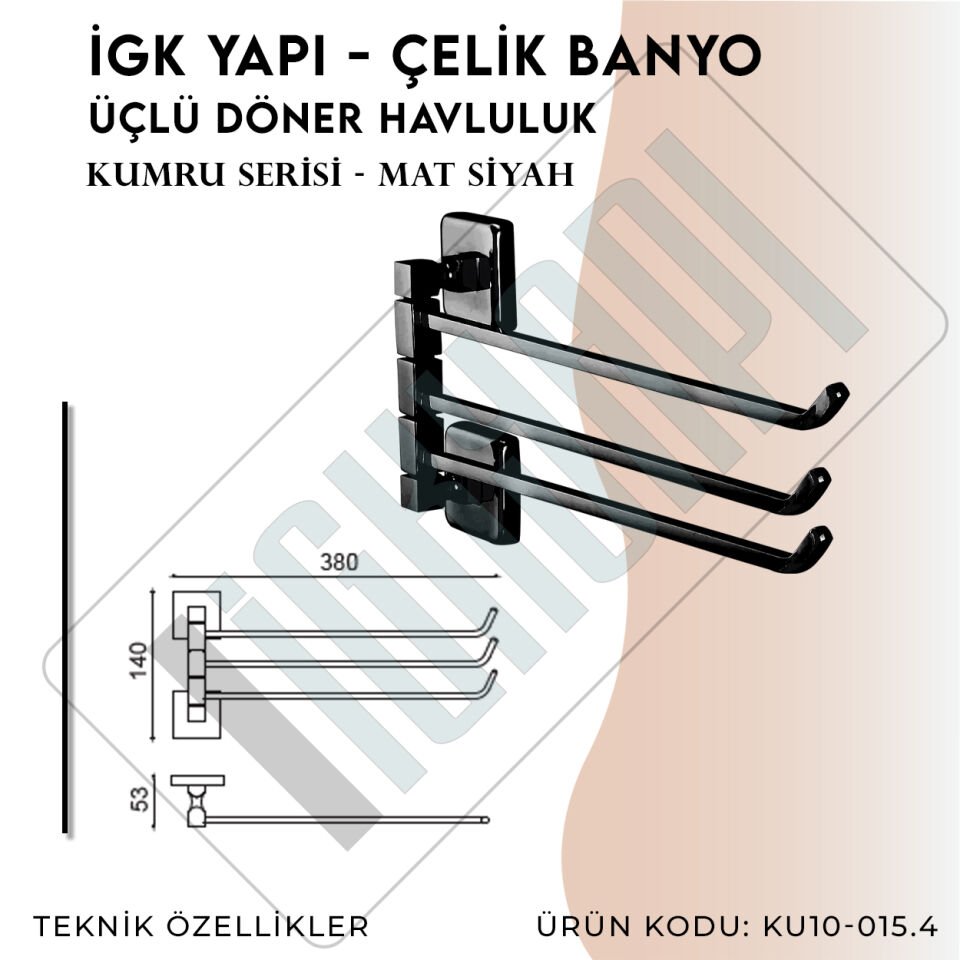 İGK YAPI - Çelik Banyo Kumru Mat Siyah Üçlü Döner Havluluk (KU10-015.4)