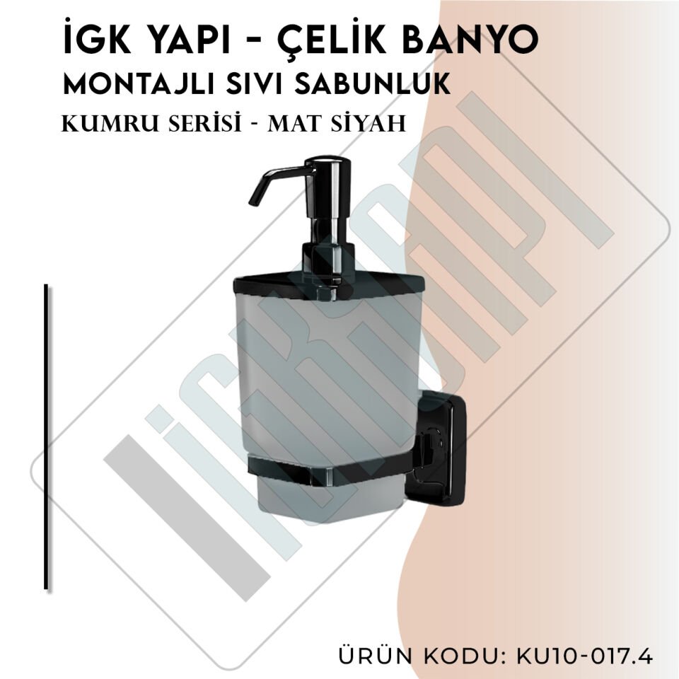 İGK YAPI - Çelik Banyo Kumru Mat Siyah Montajlı Sıvı Sabunluk (KU10-017.4)
