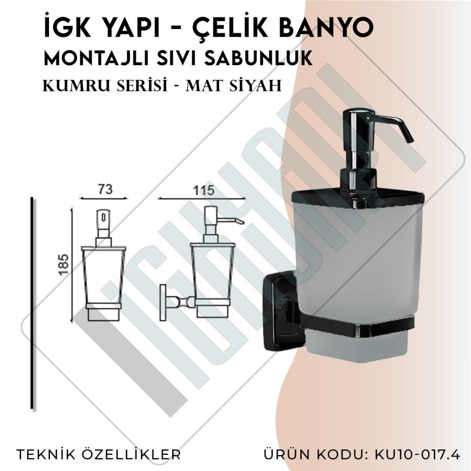 İGK YAPI - Çelik Banyo Kumru Mat Siyah Montajlı Sıvı Sabunluk (KU10-017.4)