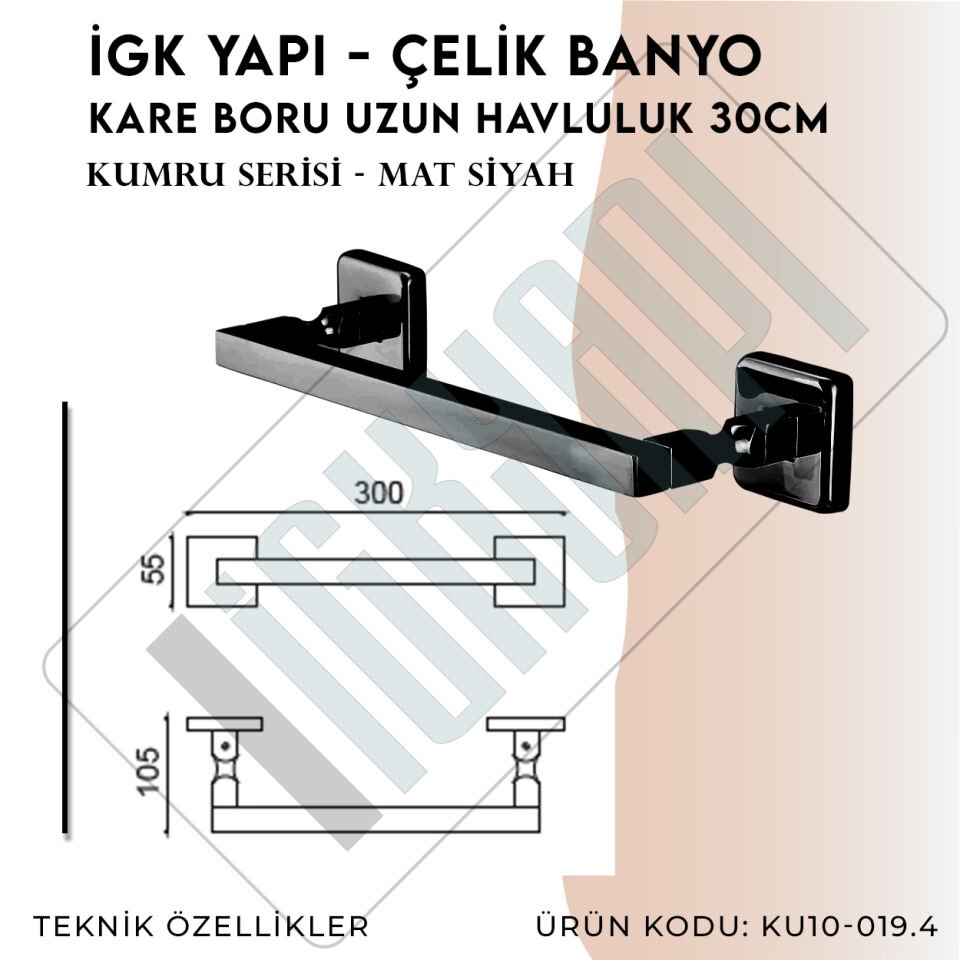İGK YAPI - Çelik Banyo Kumru Mat Siyah Kare Boru Uzun Havluluk 30cm (KU10-019.4)