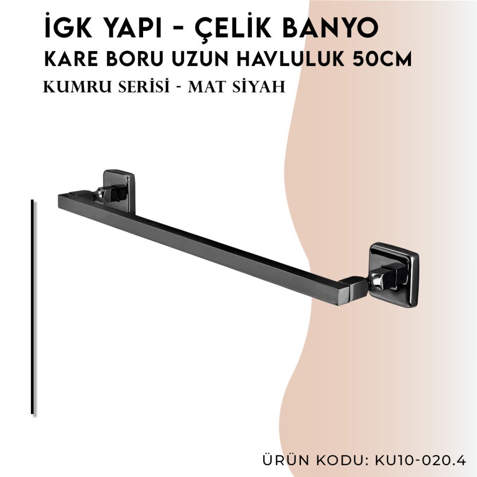 İGK YAPI - Çelik Banyo Kumru Mat Siyah Kare Boru Uzun Havluluk 50cm (KU10-020.4)