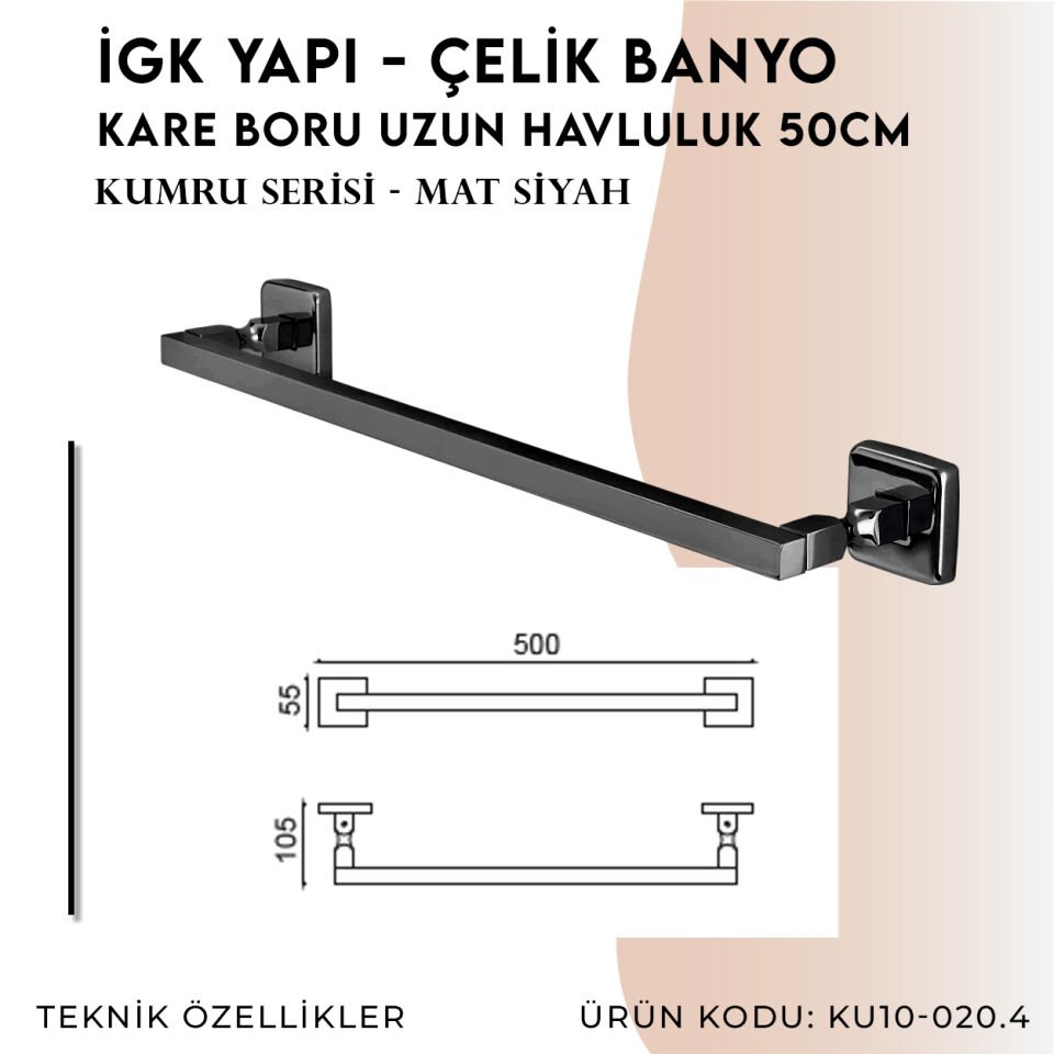 İGK YAPI - Çelik Banyo Kumru Mat Siyah Kare Boru Uzun Havluluk 50cm (KU10-020.4)