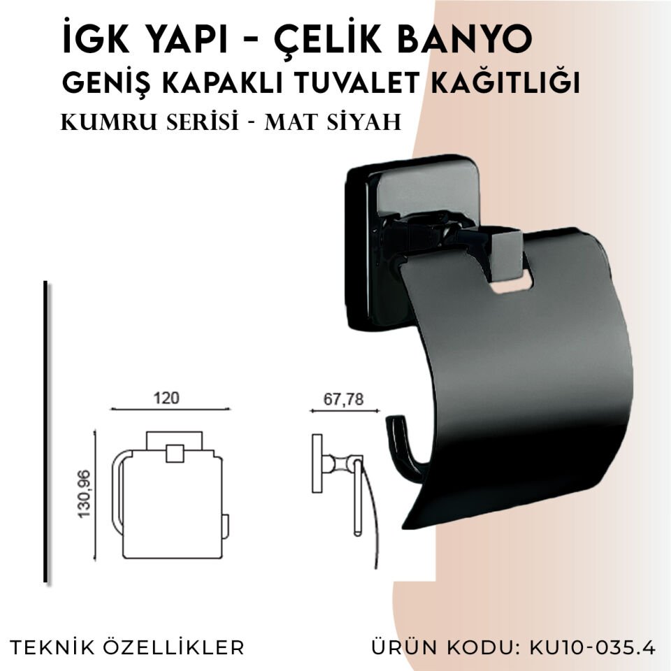 İGK YAPI - Çelik Banyo Kumru Mat Siyah Geniş Kapaklı Tuvalet Kâğıtlığı (KU10-035.4)