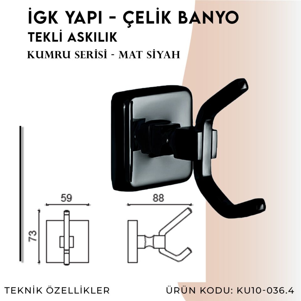 İGK YAPI - Çelik Banyo Kumru Mat Siyah Tekli Askılık (KU10-036.4)