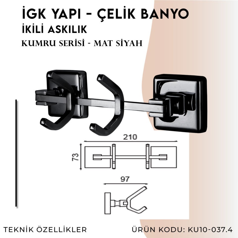 İGK YAPI - Çelik Banyo Kumru Mat Siyah İkili Askılık (KU10-037.4)