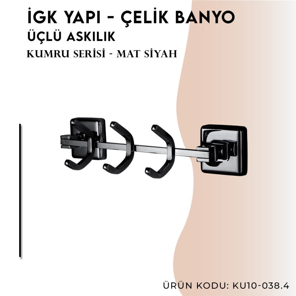 İGK YAPI - Çelik Banyo Kumru Mat Siyah Üçlü Askılık (KU10-038.4)