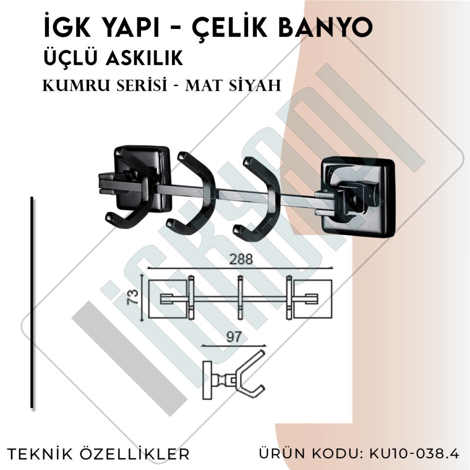 İGK YAPI - Çelik Banyo Kumru Mat Siyah Üçlü Askılık (KU10-038.4)