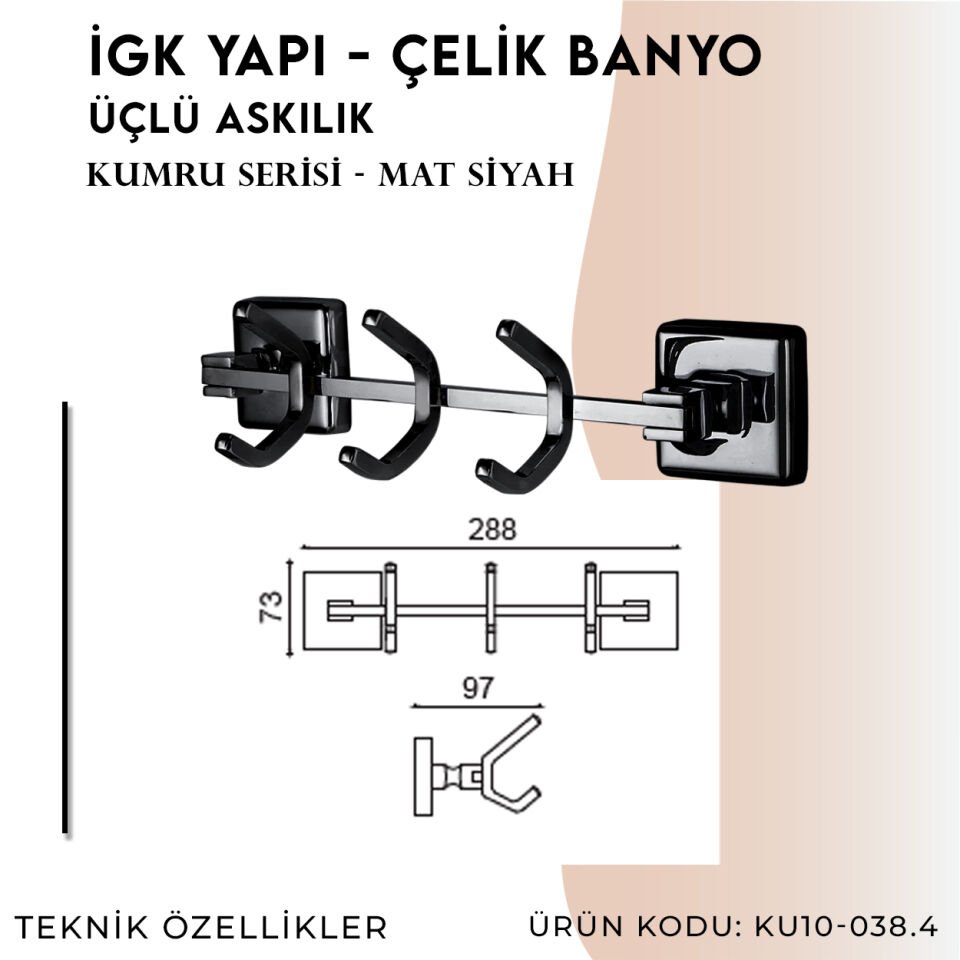 İGK YAPI - Çelik Banyo Kumru Mat Siyah Üçlü Askılık (KU10-038.4)