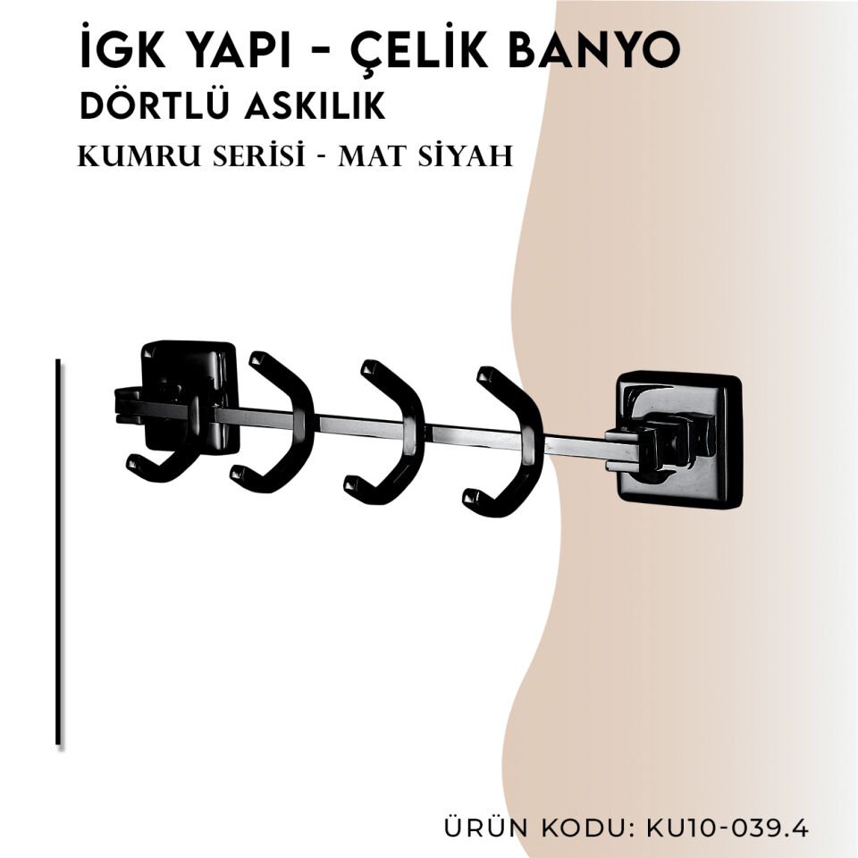 İGK YAPI - Çelik Banyo Kumru Mat Siyah Dörtlü Askılık (KU10-039.4)
