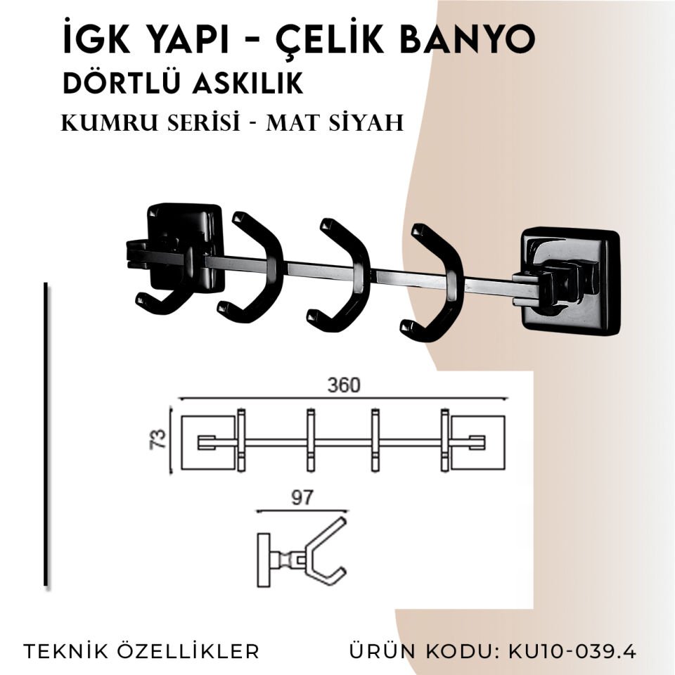 İGK YAPI - Çelik Banyo Kumru Mat Siyah Dörtlü Askılık (KU10-039.4)