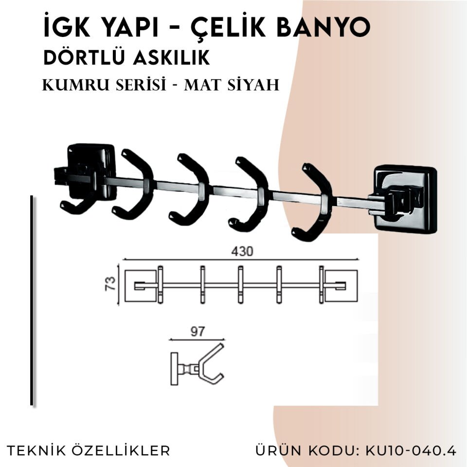 İGK YAPI - Çelik Banyo Kumru Mat Siyah Beşli Askılık (KU10-040.4)