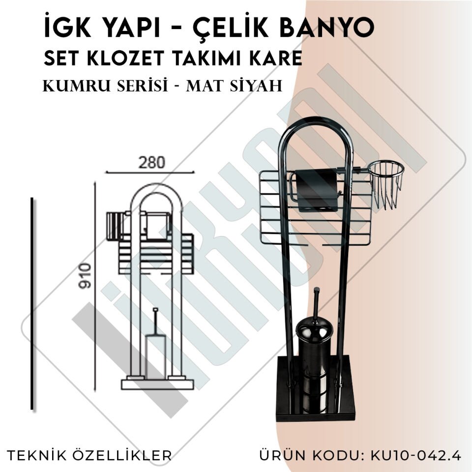 İGK YAPI - Çelik Banyo Kumru Mat Siyah Set Klozet Takımı Kare (KU10-042.4)