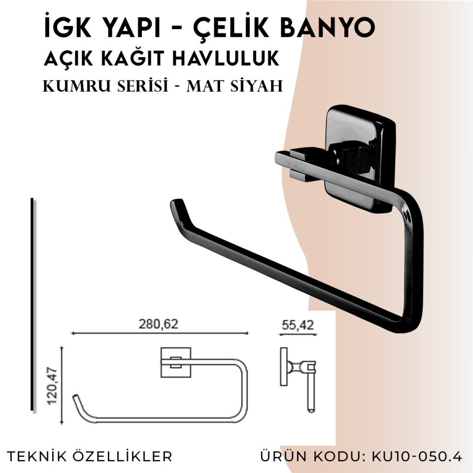 İGK YAPI - Çelik Banyo Kumru Mat Siyah Açık Kâğıt Havluluk (KU10-050.4)