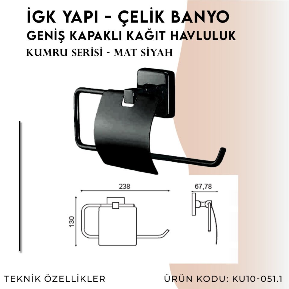 İGK YAPI - Çelik Banyo Kumru Mat Siyah Geniş Kapaklı Kâğıt Havluluk (KU10-051.4)