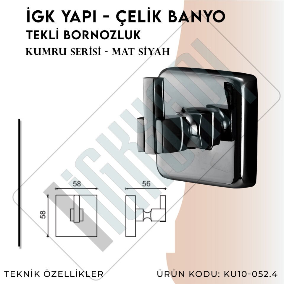 İGK YAPI - Çelik Banyo Kumru Mat Siyah Tekli Bornozluk (KU10-052.4)