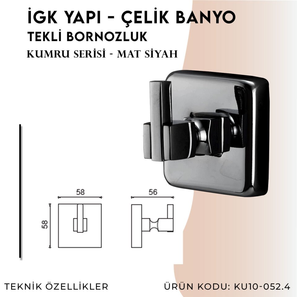 İGK YAPI - Çelik Banyo Kumru Mat Siyah Tekli Bornozluk (KU10-052.4)