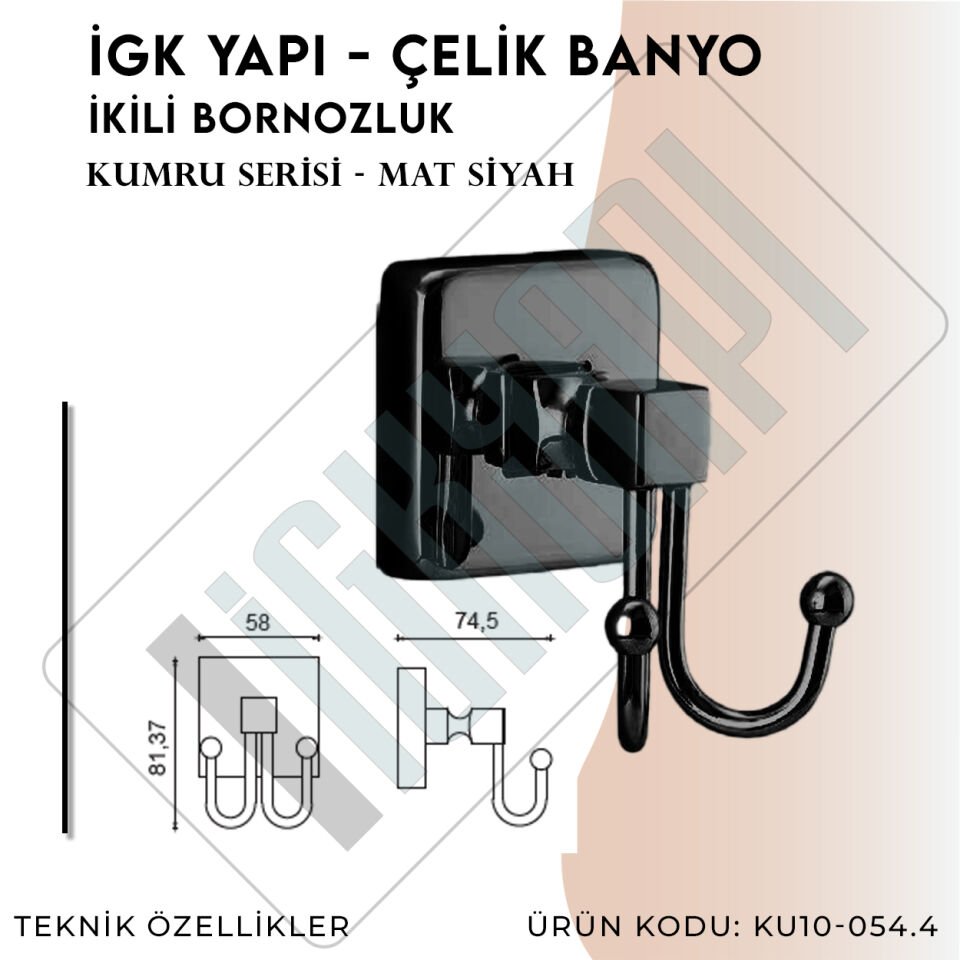 İGK YAPI - Çelik Banyo Kumru Mat Siyah İkili Bornozluk (KU10-054.4)