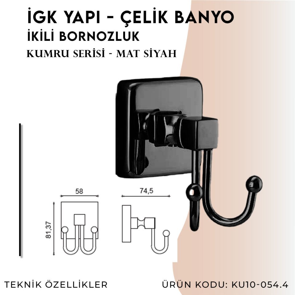 İGK YAPI - Çelik Banyo Kumru Mat Siyah İkili Bornozluk (KU10-054.4)