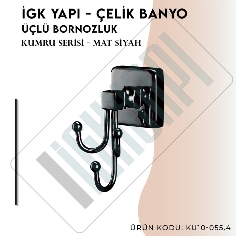 İGK YAPI - Çelik Banyo Kumru Mat Siyah Üçlü Bornozluk (KU10-055.4)