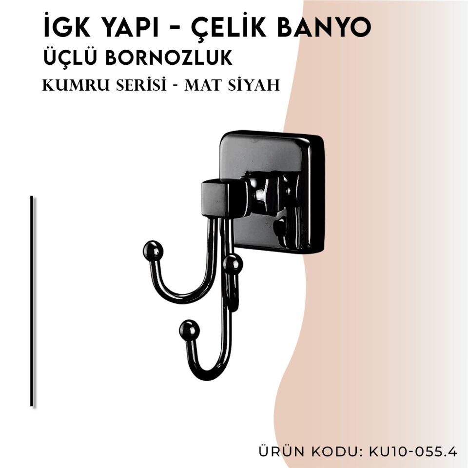 İGK YAPI - Çelik Banyo Kumru Mat Siyah Üçlü Bornozluk (KU10-055.4)