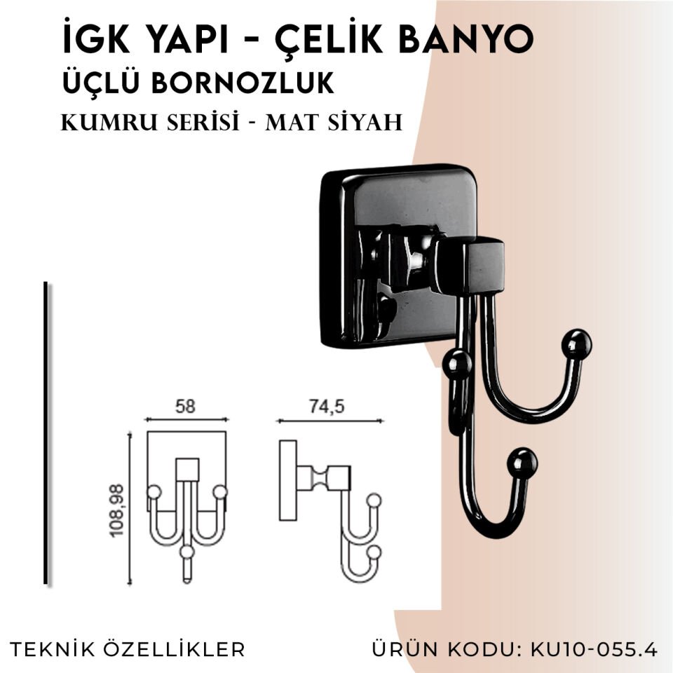 İGK YAPI - Çelik Banyo Kumru Mat Siyah Üçlü Bornozluk (KU10-055.4)