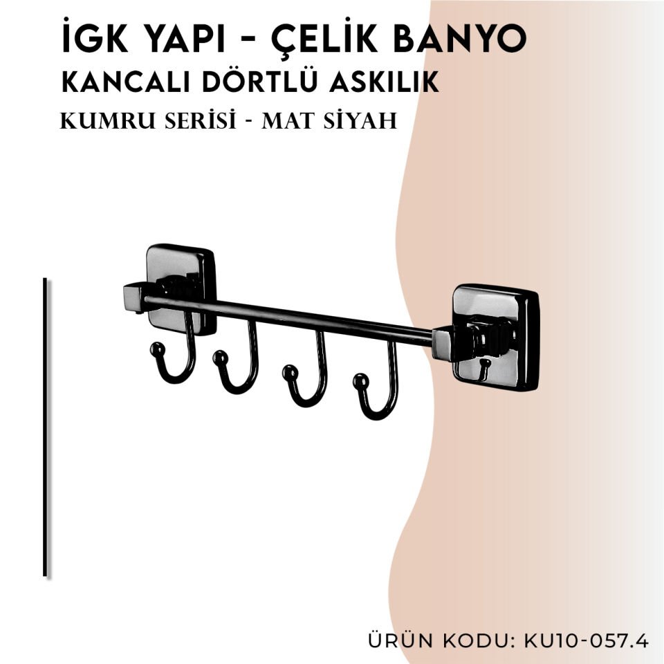 İGK YAPI - Çelik Banyo Kumru Mat Siyah Kancalı Dörtlü Askılık (KU10-057.4)