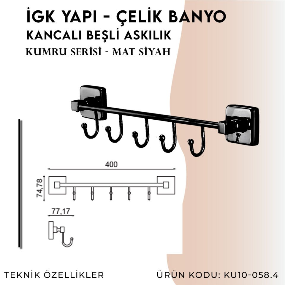 İGK YAPI - Çelik Banyo Kumru Mat Siyah Beşli Askılık (KU10-058.4)