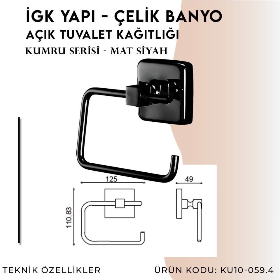 İGK YAPI - Çelik Banyo Kumru Mat Siyah Açık Tuvalet Kâğıtlığı (KU10-059.4)