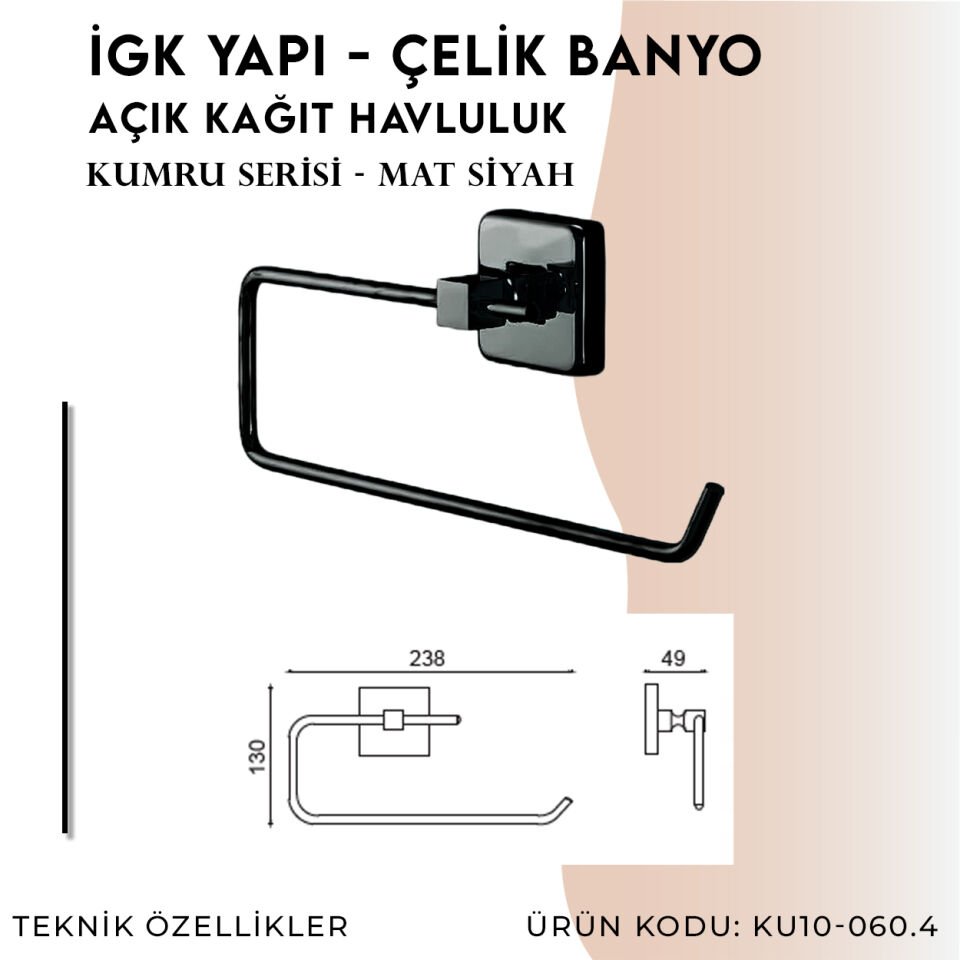 İGK YAPI - Çelik Banyo Kumru Mat Siyah Açık Kâğıt Havluluk (KU10-060.4)