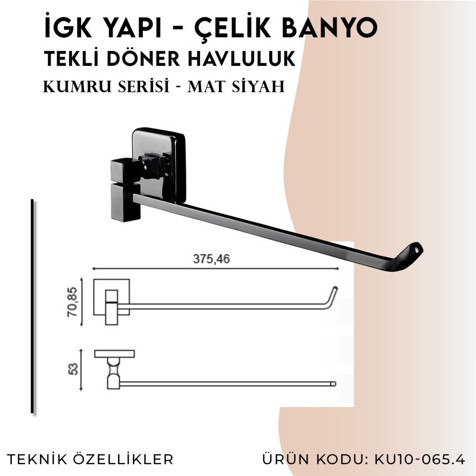 İGK YAPI - Çelik Banyo Kumru Mat Siyah Tekli Döner Havluluk (KU10-065.4)
